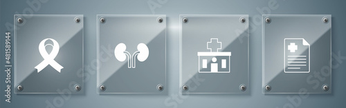 Set Patient record, Hospital building, Human kidneys and Awareness ribbon. Square glass panels. Vector