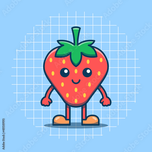 Cute strawberry character standing vector illustration. Isolated fruit concept. Flat cartoon style.