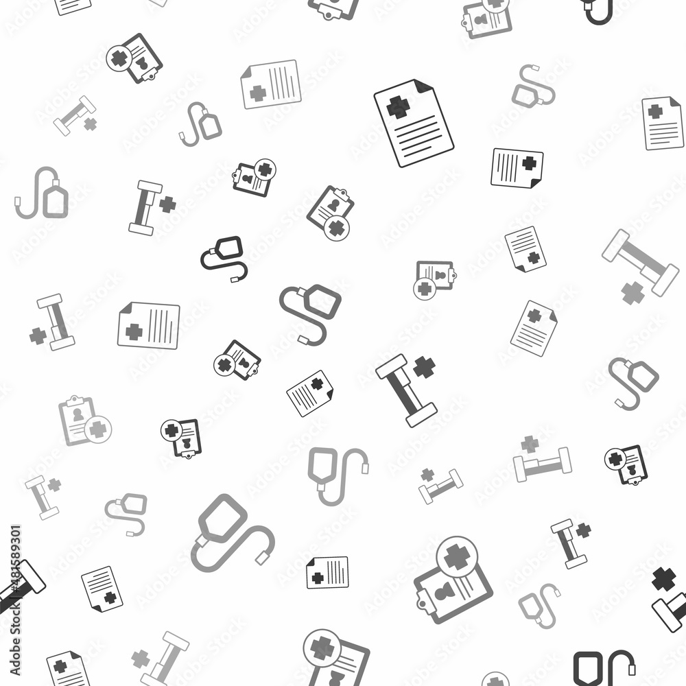 Set Patient record, Hospital bed and IV bag on seamless pattern. Vector Set Patient record, Hospital bed and IV bag on seamless pattern. Vector