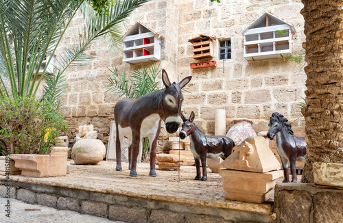  Large artificial figures of animals stand in the courtyard of the Monastery Deir Hijleh - Monastery of Gerasim of Jordan, in the Palestinian Authority, in Israel
