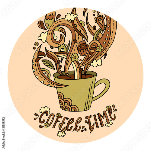 Round sticker with a cup of coffee. Coffee cup and ornate steam in doodle style. Cute sticker with a decorative cup.