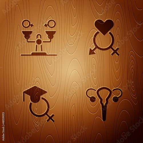 Set Female reproductive system, Gender equality, Teacher and on wooden background. Vector