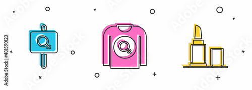 Set Feminist activist, shirt and Lipstick icon. Vector