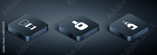 Set Isometric Shaving brush, Oil bottle and Aftershave icon. Vector