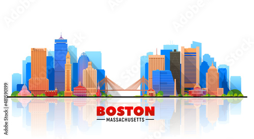 Boston ( Massachusetts) city skyline white background. Flat vector illustration. Business travel and tourism concept with modern buildings. Image for banner or website. 