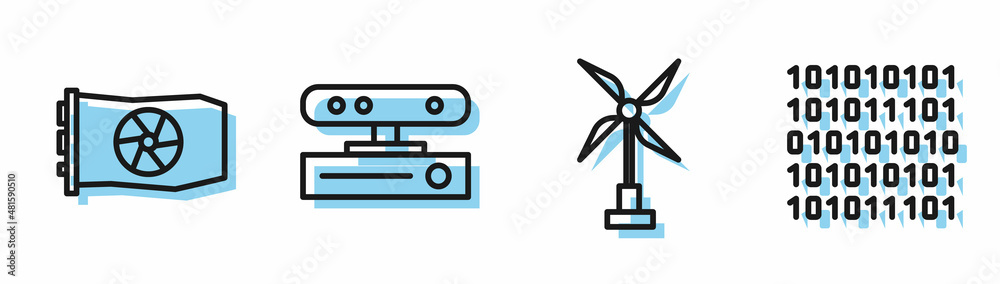Set line Wind turbine, Video graphic card, Motion sensor and Binary code icon. Vector