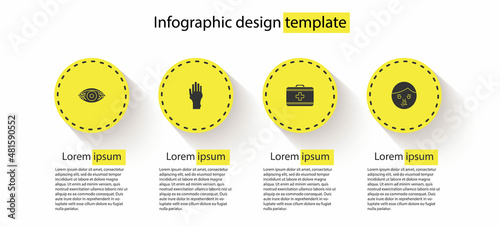 Set Reddish eye allergic conjunctivitis, Hand with psoriasis or eczema, First aid kit and Runny nose. Business infographic template. Vector