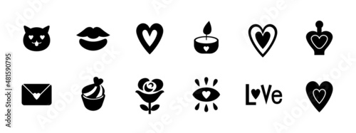 Black and white Valentine icon set. Love and romance attribute signs.