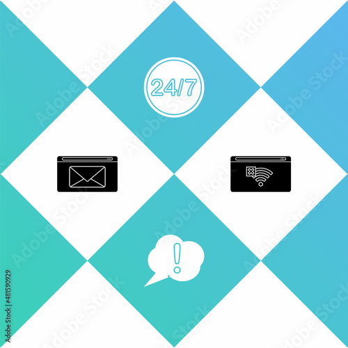 Set Mail and e-mail, Speech bubble Exclamation, Clock 24 hours and No Internet connection icon. Vector