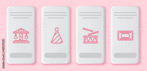 Set line Attraction carousel, Party hat, Drum with drum sticks and Circus ticket. White rectangle button. Vector