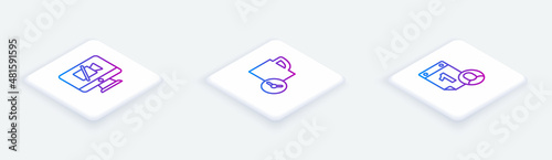 Set Isometric line Video camera Off on computer, Time management and . White square button. Vector