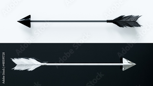 Black bow arrow on white, White bow arrow on black. Aim or different goal concept. 3D Render.