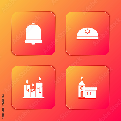Set Church bell, Jewish kippah with star of david, Burning candles and building icon. Vector