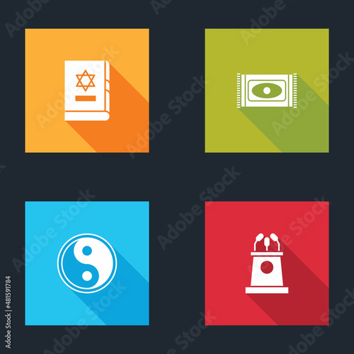 Set Jewish torah book, Traditional carpet, Yin Yang and Stage stand tribune icon. Vector