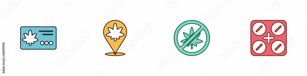 Set Calendar and marijuana leaf, Location, Stop or cannabis and Medical pills with icon. Vector Set Calendar and marijuana leaf, Location, Stop or cannabis and Medical pills with icon. Vector