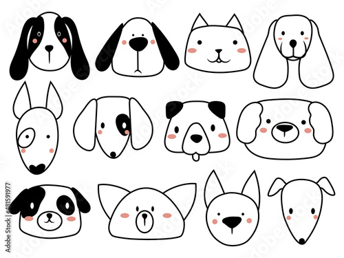 Set of cute dog face. Collection of funny cartoon puppy portrait. Lovely animal. Vector illustration of pedigreed pet. Logo of the dog. 