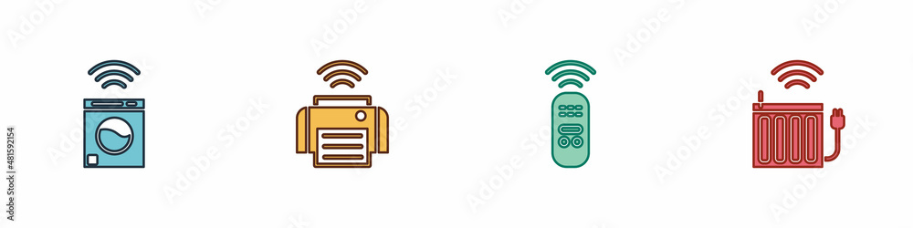 Set Smart washer, printer, remote control and heating radiator icon. Vector Set Smart washer, printer, remote control and heating radiator icon. Vector