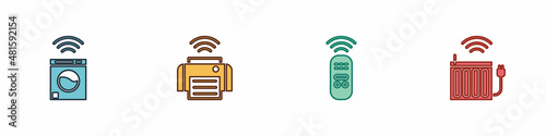 Set Smart washer, printer, remote control and heating radiator icon. Vector