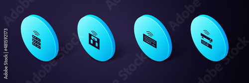 Set Isometric Wireless TV box receiver, keyboard, Smart bathroom scales and server icon. Vector