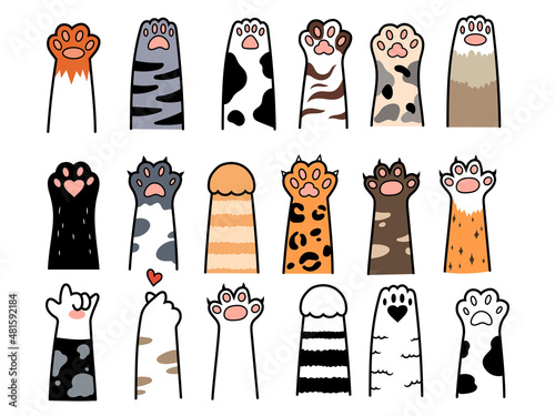 Set of cat paws. Collection of cartoon footprints of kitty. Vector illustration of animals paws. Love for animals. Tattoo.