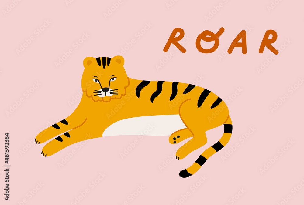 Fototapeta premium Vector illustration of a yellow lying tiger, with lettering 'roar'. Hand-drawn bright cartoon vector tiger. Large mammal of the cat family. Animals of Asia.