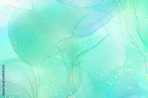 Royal cyan mint liquid marble watercolor background with white lines and brush stains. Teal turquoise marbled alcohol ink drawing effect. Vector illustration backdrop, watercolour wedding invitation