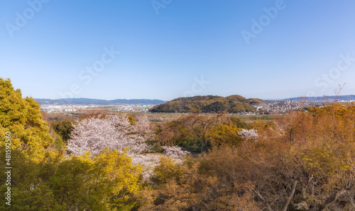 Panoramic view of Yawata city  Mt. Otokoyama  Sewaritei  Kizu river  in Kyoto  Japan