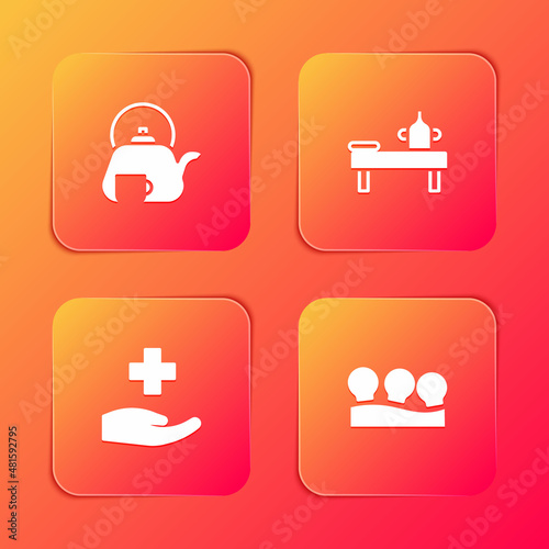 Set Teapot with cup, Massage table oil, Cross hospital medical and Vacuum cans icon. Vector