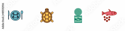 Set Served crab on a plate, Turtle, Canned fish and Fish with caviar icon. Vector