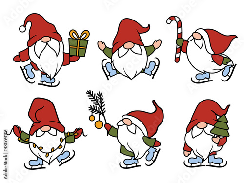 Set of Christmas little gnomes. Collection of cute ice skates gnomes with candy's, presents, christmas tree, etc. Vector illustration for New Year postcard. Drawing for children.