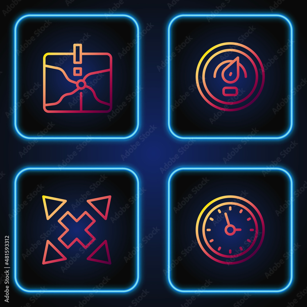 Set line Clock, Many ways directional arrow, Intersection point and Digital speed meter. Gradient color icons. Vector Set line Clock, Many ways directional arrow, Intersection point and Digital speed meter. Gradient color icons. Vector