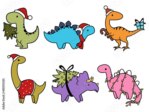 Set of Christmas dinosaurs. Collection of cute dinosaurs with gifts and Santa hats. Winter vacation. Colorful illustration for children.