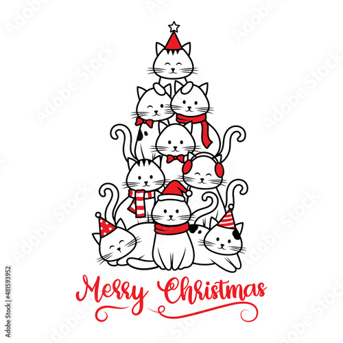 Illustration of group Christmas cats. Holiday kitten. Funny greeting card for pet lovers. Pyramid of xmas tree cats.