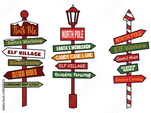 Set of Christmas wooden sign board in the snow. Collection of North Pole signs or Christmas, Santa Claus workshop arrow. Winter holiday. Vector illustration on white background.
