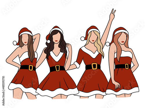Illustration of Christmas girls hugging in Santa outfits. Young best friends having good time together. Happy New Year. Fun festive meeting. An illustration of female strong friendships.
