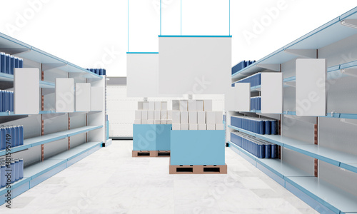 Blank product box with white hangers, Shelves in supermarket, Banner hangging in store, 3D rendering