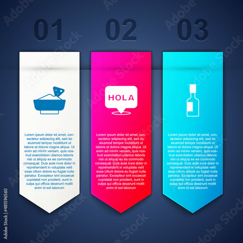 Set Nachos in bowl, Hola and Tabasco sauce. Business infographic template. Vector