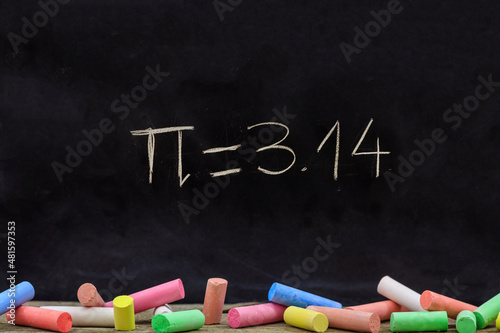 Canvas-taulu Pi number, mathematical constant chalk drawing on a school black board