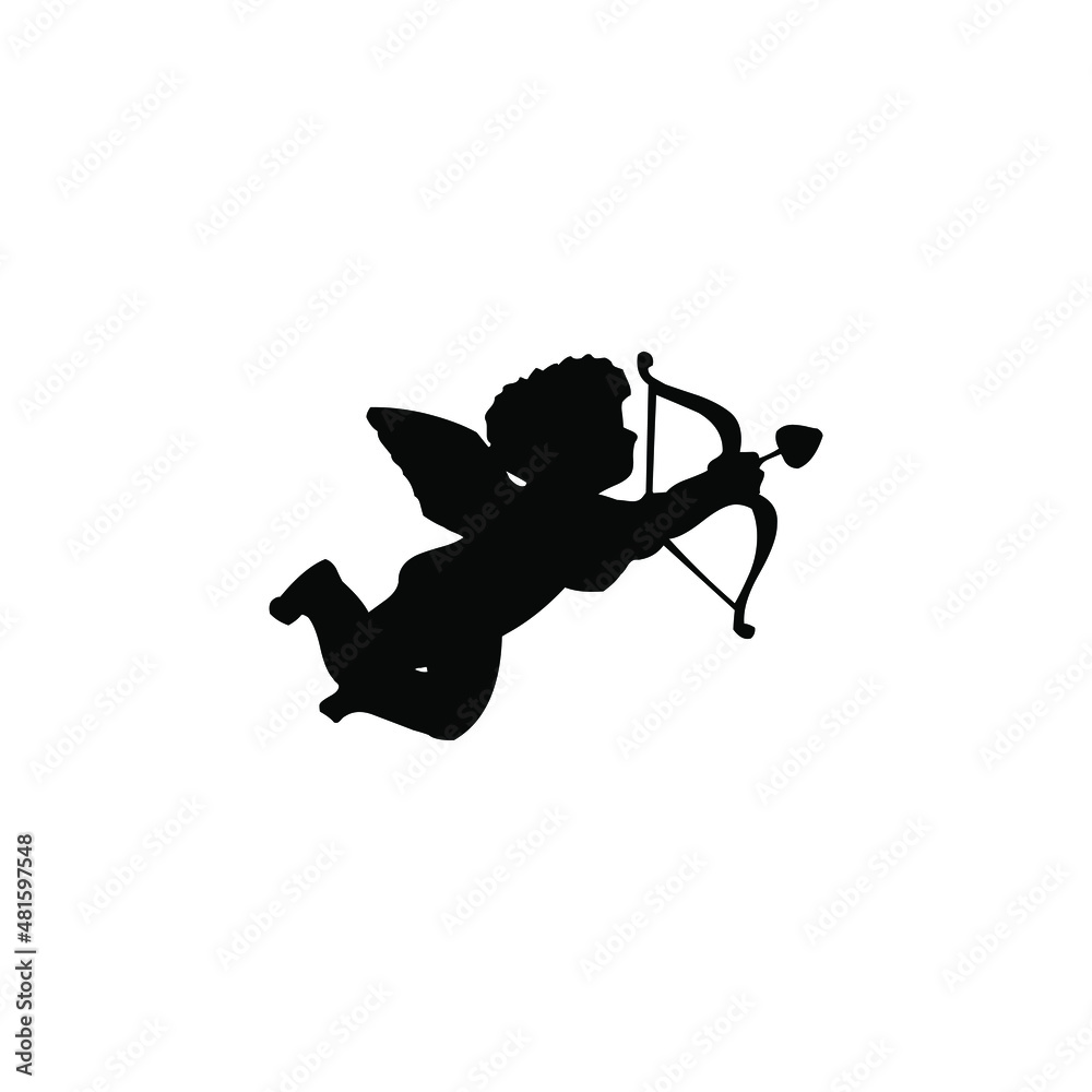 Silhouette of an angel, Cupid cherub with a bow and arrows, isolated image.