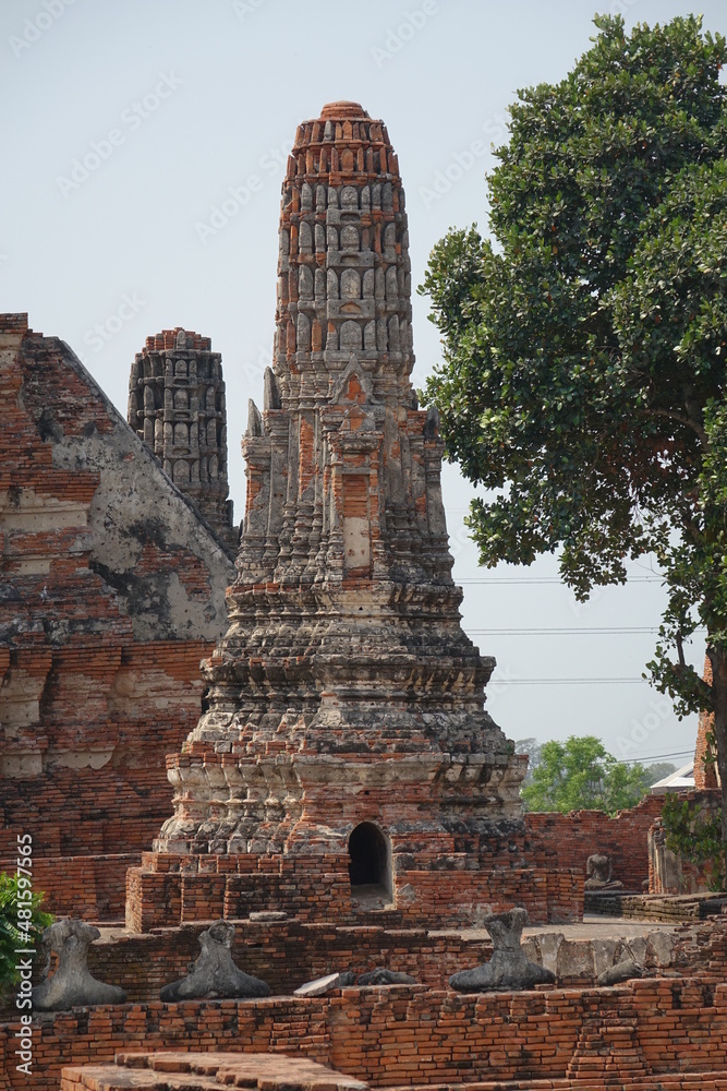 Exploring red brick Wat Chai Watthanaram temple, Ayutthaya, Thailand (vertical image)