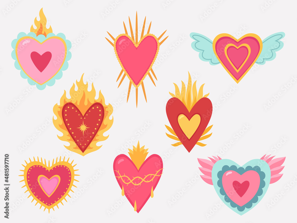 Set of sacred hearts. Collection of gothic sacred mexican heart for  Valentine's Day. A symbol of passion and love. Tattoo. Vector illustration  isolated on white background. Stock Vector | Adobe Stock