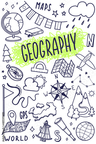 Geography cover template. School subject icon set design. Education outline doodle sketch. Study, science concept. Back to school background for notebook, sketchbook or not pad. Vector illustration.