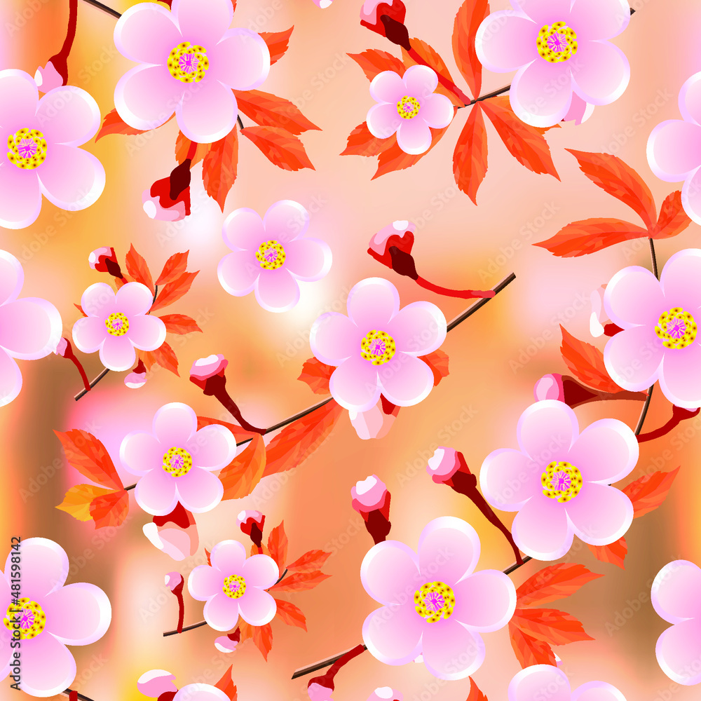 Cherry branches blooming on peach abstract background. Sakura flowers seamless texture. Vector