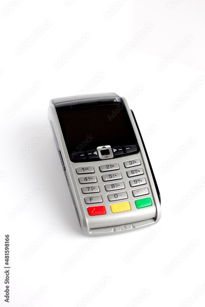 Credit card POS terminal isolated on white background. Close up of payment device, card machine Credit card POS terminal isolated on white background. Close up of payment device, card machine