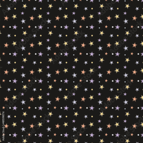 Black vector space background with a pattern of multicolored glowing stars
