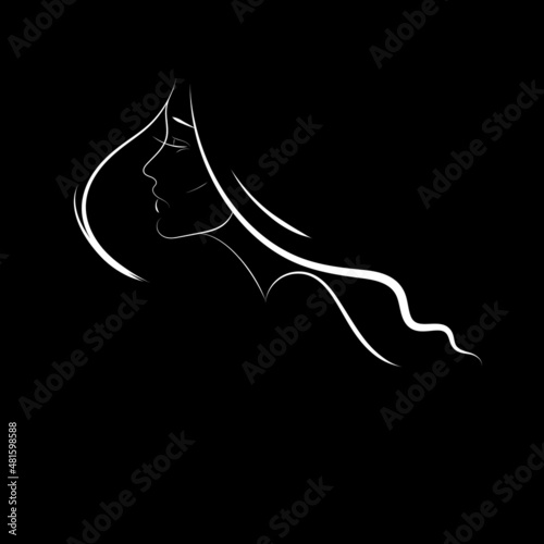 profile of a girl golden contour drawing lineart. logo beauty salon. vector illustration isolated black background. empty space for text. lettering the words beauty