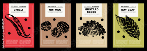 Chilli, nutmeg, mustard seeds, bay leaf. Set of posters of spices and herbs in a abstract draw design. Label or poster for food preparing and culinary. Simple, flat design. For poster, cover, banner.  photo