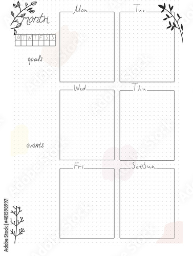 Printable A4 paper sheet, bullet journal page with decorative elements and blank week planner, goals, events. Cute planner for daily planner template, blank for notebook.