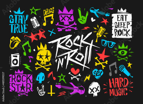 Rock n Roll doodle style colorful punk elements vector set. Psychedelics Pock fashion isolated from black. Colorful grunge elements for Tee print design  print fabric texture