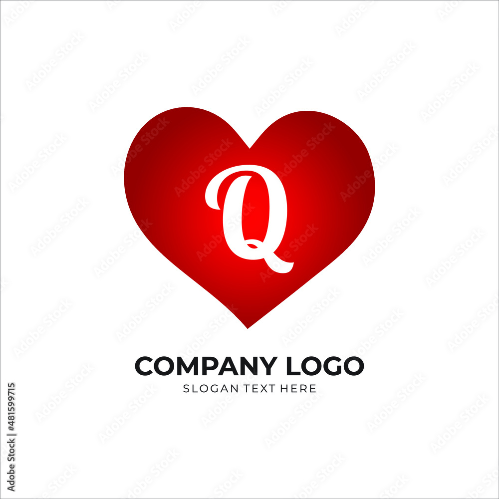 Q letter logo with heart icon, valentines day love concept